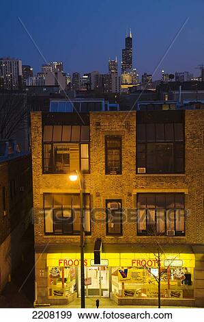 Chicago, Illinois Businesses And Stores Along North Avenue At Dusk, Old Town Neighborhood, Sears Tower And City Skyline View Large Photo Image Stock Photo - Chicago, Illinois Businesses And Stores Along North Avenue At Dusk, Old Town Neighborhood, Sears Tower And City Skyline. Fotosearch
