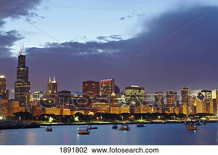 Stock Image - Chicago Skyline At Dusk. Fotosearch