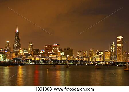 Stock Image - Chicago Skyline At Night. Fotosearch