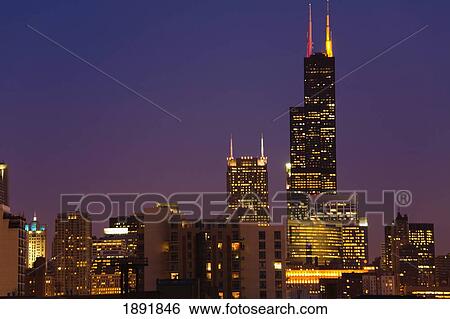 Stock Photograph - Chicago Skyscrapers With Sears Tower At Night. Fotosearch