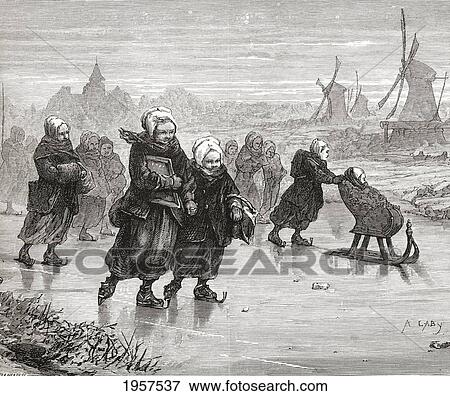 Stock Photo - Children Skating To School During The Winter In Zaandam, North Holland, The Netherlands In The 19Th Century. From Pictures From Holland By Richard Lovett, Published 1887.. Fotosearch