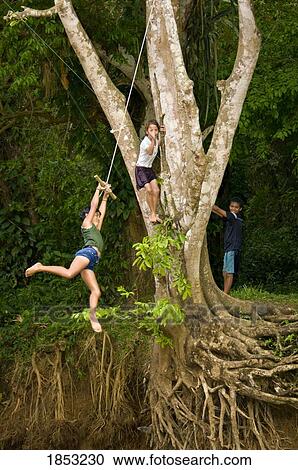 Stock Image - Children Swinging Over River, La Fortuna, Alajuela, Costa Rica. Fotosearch