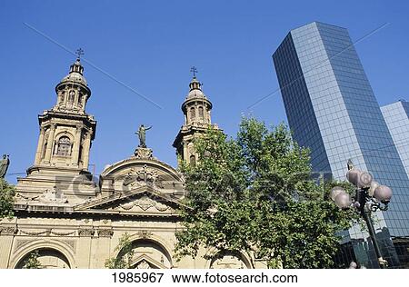 Chile, Santiago, Plaza De Armas, Church Cathedral And Skyscraper, View From Below. View Large Photo Image Stock Photo - Chile, Santiago, Plaza De Armas, Church Cathedral And Skyscraper, View From Below.. Fotosearch