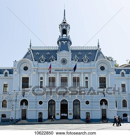 Stock Image - Chilean Navy Office and pedestrians; Valparaiso, Chile. Fotosearch