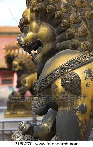Stock Photo - China. Beijing. Dongcheng. The Forbidden City. Detail Of Typical Bronze Lion At The Entrance Of A Building. Fotosearch