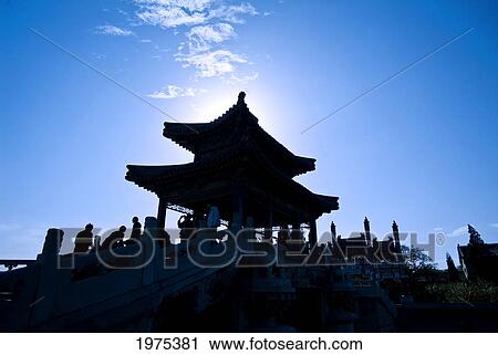 Stock Image - China, Beijing, The Summer Palace, A Silhouette Of Wenchang Pavillion.. Fotosearch