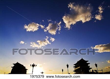 Stock Photo - China, Beijing, Zhengyangmen And Arrow Tower Gates Of Ancient Inner City From Outer Suburban Zone; Qianmen. Fotosearch