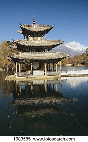 Stock Photography - China, Black Dragon Pool Park with Five Phoenix Pavilion; Lijiang. Fotosearch