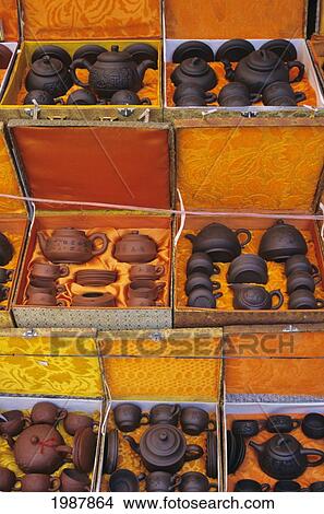 Picture - China, Boxed gift sets of cultural tea pot and cups; Tianjin. Fotosearch