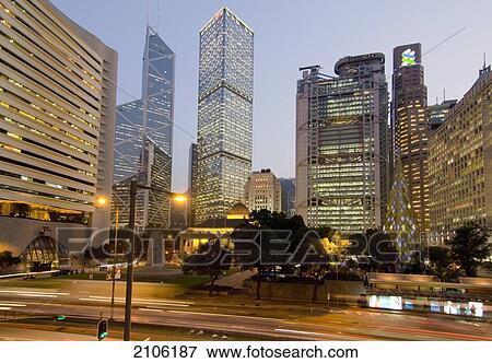 Stock Photo - China, Central district at dusk; Hong Kong. Fotosearch