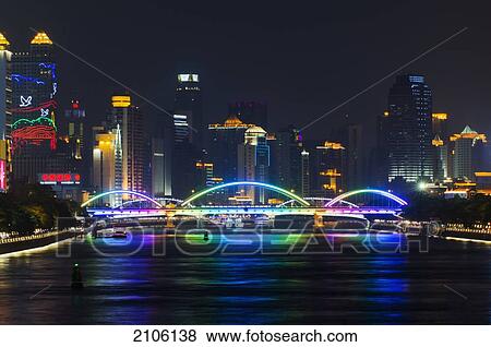 Stock Photo - China, Guangdong, Waterfront at dusk; Guangzhou. Fotosearch