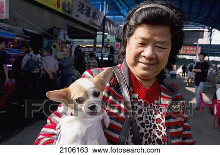Stock Image - China, Guangdong, Woman with pet dog; Guangzhou. Fotosearch
