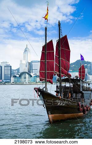 Stock Image - China, Hong Kong Island, converted for tourists rides around harbor; Victoria Harbor, Traditional Chinese Junk boat. Fotosearch