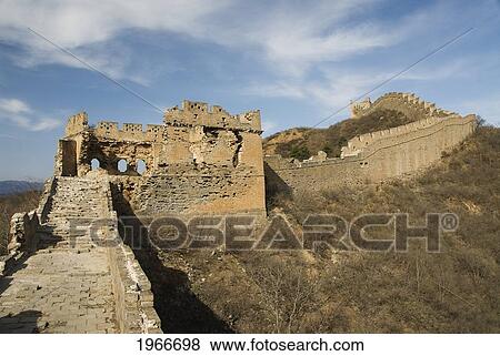 Stock Photo - China, Jinshanling, The Great Wall Of China, Old Crumbling Part Of Wall And Steps.. Fotosearch