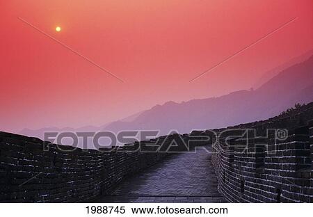 Stock Photography - China, Mu Tian Yu, The Great Wall Of China, Bright Red Sky And Distant Moon. Fotosearch