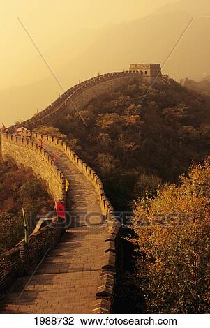 China, Mu Tian Yu, The Great Wall With Misty Yellow Sky, Flags Along Wall View Large Photo Image Stock Image - China, Mu Tian Yu, The Great Wall With Misty Yellow Sky, Flags Along Wall. Fotosearch
