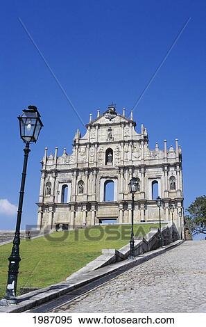 Stock Photography - China, People's Republic of China, Ruins of Saint Paul's Cathedral and lamp posts on foreground; Macau. Fotosearch