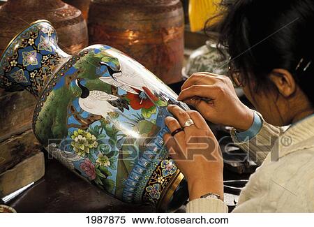 China, Shanghai, Cloissone Making, Woman Working On Fine Details Of Painting No Model Release View Large Photo Image Stock Photography - China, Shanghai, Cloissone Making, Woman Working On Fine Details Of Painting No Model Release. Fotosearch