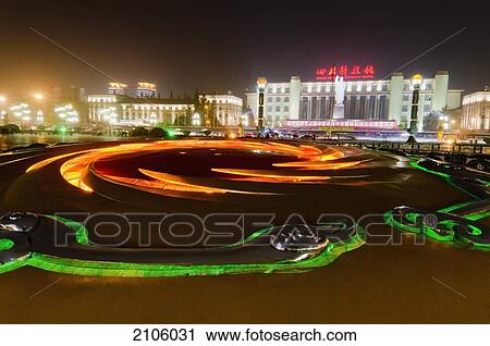 China, Sichuan, Chengdu, Illuminated buildings; Tianfu Square View Large Photo Image Stock Image - China, Sichuan, Chengdu, Illuminated buildings; Tianfu Square. Fotosearch