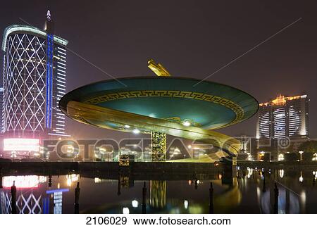 Stock Photo - China, Sichuan, Chengdu, Illuminated buildings; Tianfu Square. Fotosearch