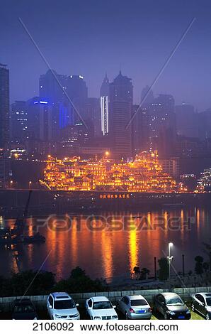 Stock Image - China, Sichuan, Skyline at night; Chongqing. Fotosearch