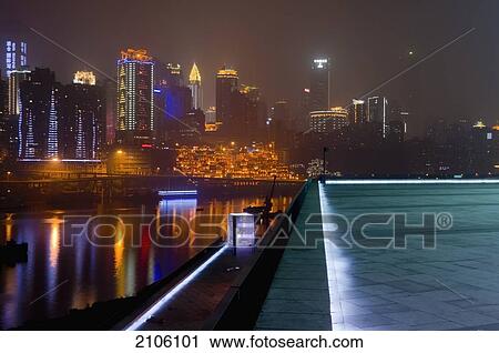 Stock Image - China, Sichuan, Skyline at night; Chongqing. Fotosearch
