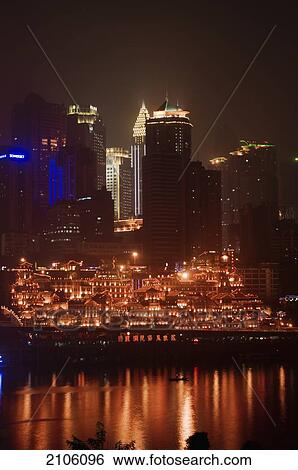Stock Photograph - China, Sichuan, Skyline at night; Chongqing. Fotosearch