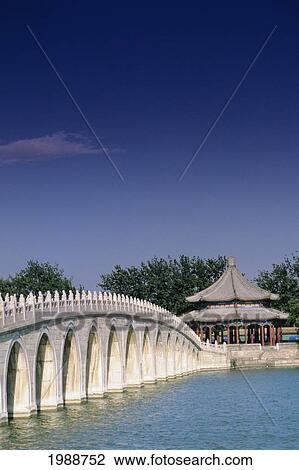 Stock Image - China, Summer Palace, Seventeen Arch Bridge, Looking Across To Outdoor Pavilion. Fotosearch