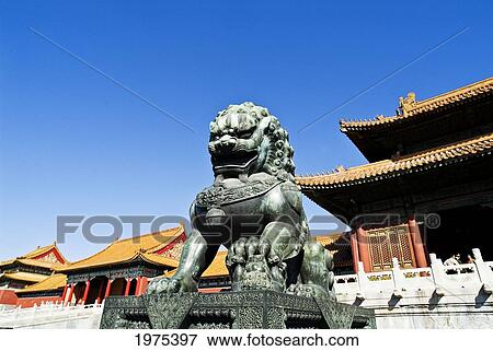 Stock Photo - China, The Forbidden Palace; Beijing, Fu Dog Guarding Entrance. Fotosearch