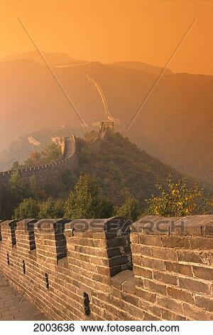 China, The Great Wall At Hazy Orange Sunset View Large Photo Image Stock Photograph - China, The Great Wall At Hazy Orange Sunset. Fotosearch