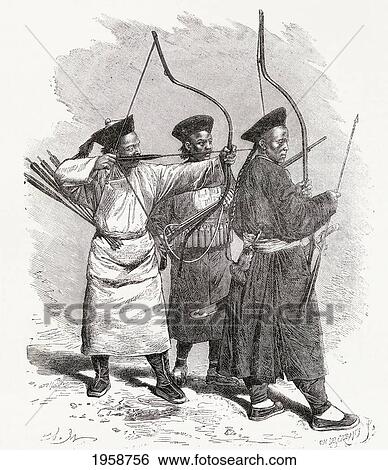 Stock Photograph - Chinese Archers. From El Mundo En La Mano, Published 1878.. Fotosearch
