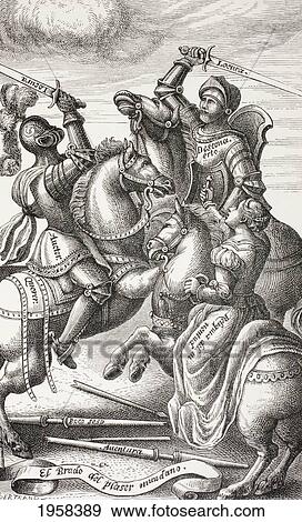 Stock Photo - Chivalry Represented By Allegorical Figures. Knights Fighting On Horseback. After A 16Th Century Copperplate. From Military And Religious Life In The Middle Ages By Paul Lacroix Published London Circa 1880.. Fotosearch