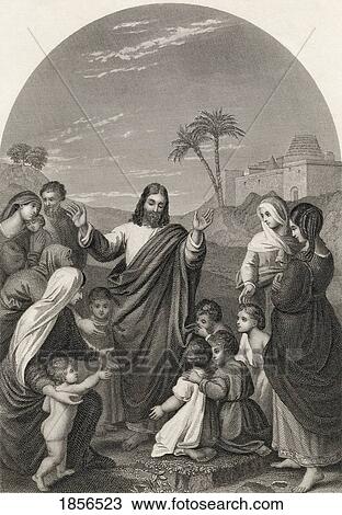 Stock Image - Christ Blessing The Little Children Engraved By S Allen After Overbeke From The National Illustrated Family Bible Published C1870. Fotosearch