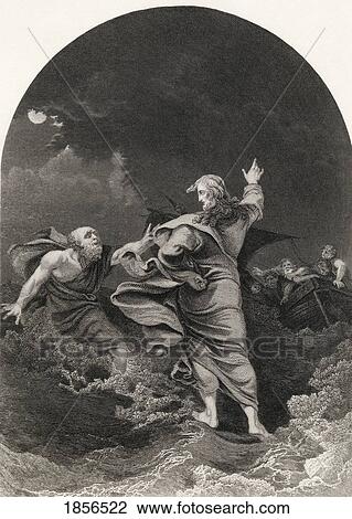 Stock Image - Christ Walking On The Sea Engraved By S Allen After P J De Loutherbourg From The National Illustrated Family Bible Published C1870. Fotosearch