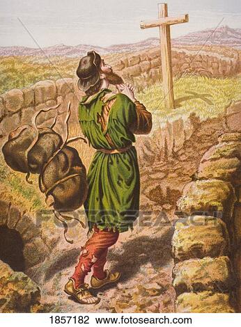 Stock Image - Christian Loses His Burden At The Cross. From The Book The Pilgrim's Progress By John Bunyan, From Late 19Th Century Edition.. Fotosearch