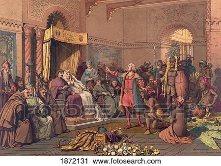 Stock Image - Christopher Columbus In The Barcelona Court Of King Ferdinand And Queen Isabella Of Spain In 1493 After Returning From His First Voyage To The New World. After An Artwork Of The 1890's.. Fotosearch