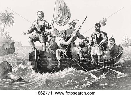 Stock Image - Christopher Columbus Setting Foot In San Salvador October 12 1492 From An Engraving Printed In 1876. Fotosearch