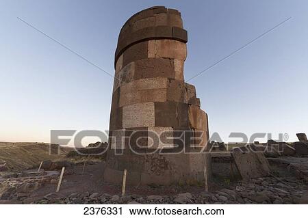 Stock Image - Chullpa (ancient Colla funerary tower), Sillustani, Puno, Peru. Fotosearch