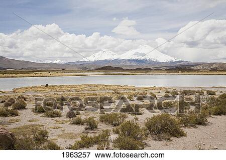 Stock Photo - Chungara Lake And Nevados De Payachata (Pomerape Volcano And Parinacota Volcano), Lauca National Park, Arica And Parinacota Region, Chile. Fotosearch