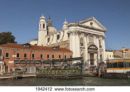 Stock Image - Church And Restaurant Near Zattere Ferry Boarding Point; Venice Italy. Fotosearch