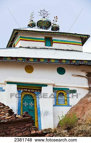 Stock Photo - Church building with colourful painted trim; Tigray region, Ethiopia. Fotosearch