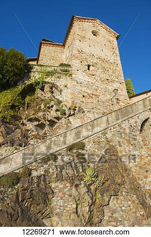 Stock Image - Church built on steep hillside; Lugano, Ticino, Switzerland. Fotosearch