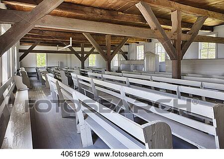 Stock Photo - Church interior at Mennonite Heritage Village; Steinbach, Manitoba, Canada. Fotosearch