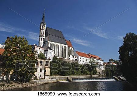 Stock Photo - Church Of St. Jost And The Vltava River; Cesky Krumlov, Czech Republic. Fotosearch