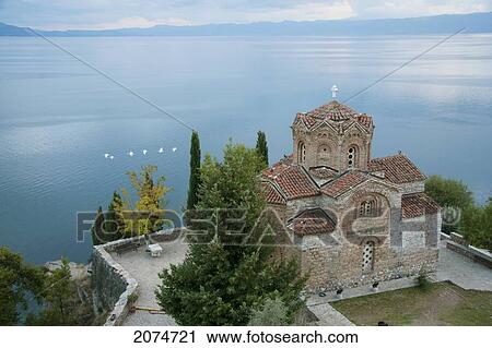 Stock Image - Church Of St. Jovan (St. John The Theologian) At Kaneo And Ohrid Lake At Sunset, Ohrid, Macedonia. Fotosearch