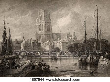 Picture - Church Of St. Lawrence, Rotterdam, Holland. Engraved By J. Carter From A 19Th Century Print By D. Roberts.. Fotosearch