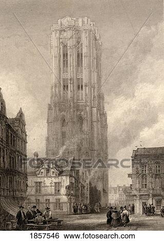 Stock Photograph - Church Of St. Rombaut Or Rumold, 13Th And 14Th Century, In Mechlin, Belgium. Engraved By J. Le Heux From A 19Th Century Print By D. Roberts.. Fotosearch