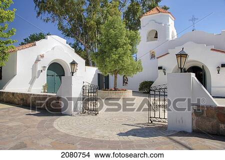 Picture - Church With A Whitewashed Building And Stone Fence; Chacras De Coria Mendoza Argentina. Fotosearch