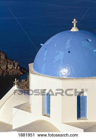 Church With Blue Dome On Cliff, Elevated View, Close Up View Large Photo Image Stock Image - Church With Blue Dome On Cliff, Elevated View, Close Up. Fotosearch