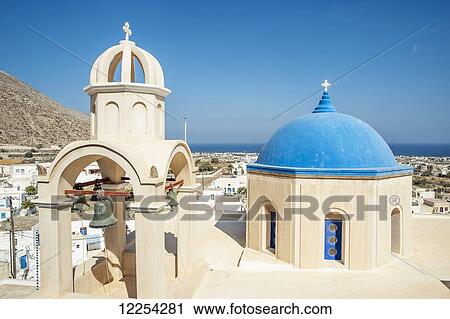 Church with blue dome roof and view of the Aegean sea; Megalochori, Santorini, Greece View Large Photo Image Stock Image - Church with blue dome roof and view of the Aegean sea; Megalochori, Santorini, Greece. Fotosearch